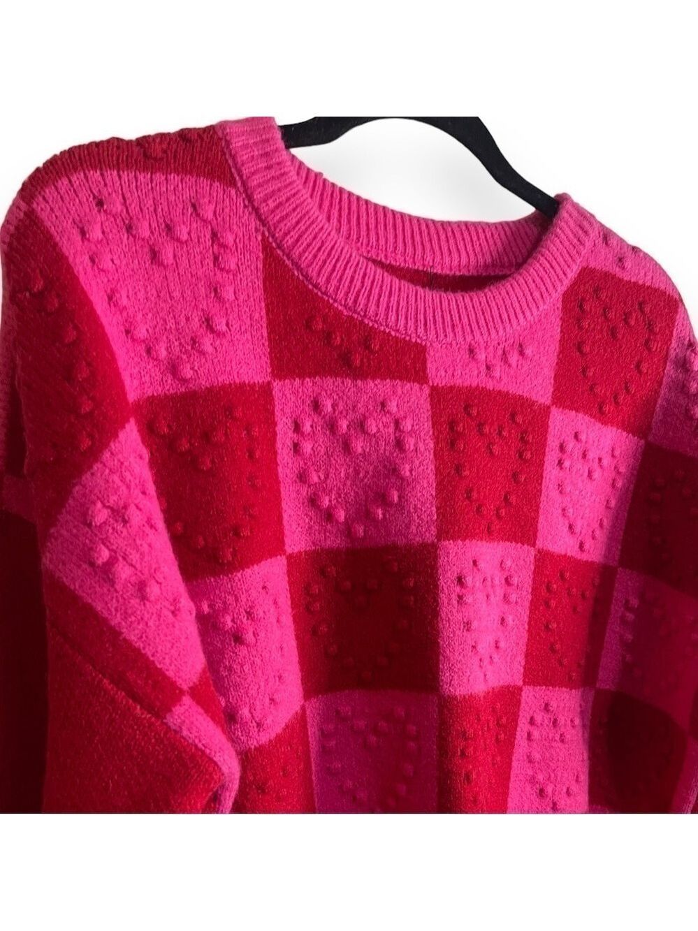 Multicolor Checkered Pattern Heart Detail Textured Sweater Women’s Size Large - Picture 4 of 5